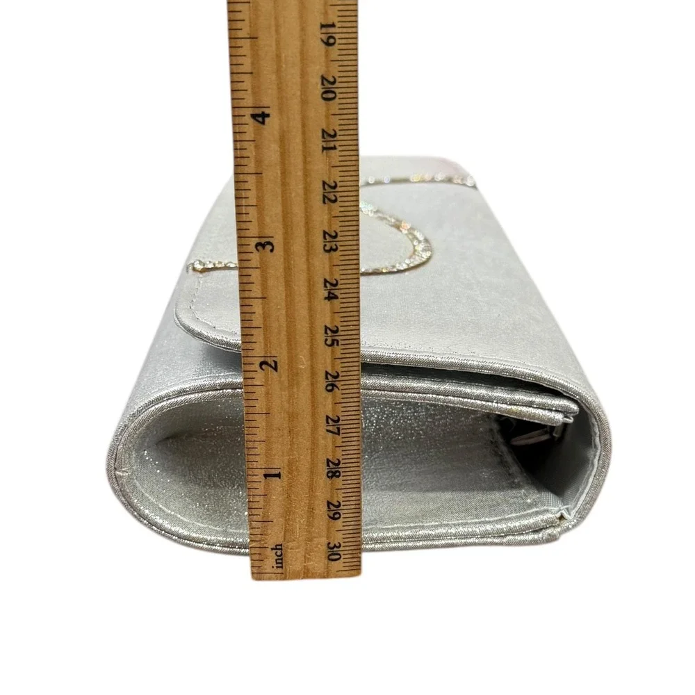 Silver Satin‎ Clutch Purse Womens Small Rhinestone Trim Chain Strap Evening Bag